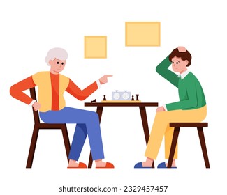 Old man sitting at table and playing table game with grandson. Senior man spending time and playing chess. Happy old age concept. Colorful vector flat illustration