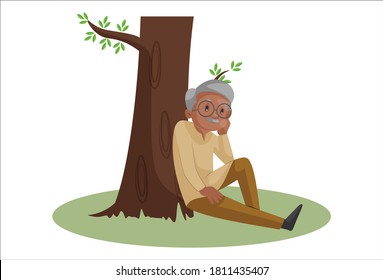 Old man is sitting under a tree and thinking something. Vector graphic illustration. Individually on white background.