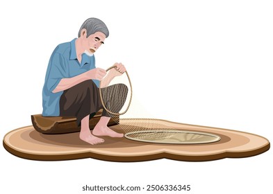 old man sitting and weaving net vector design