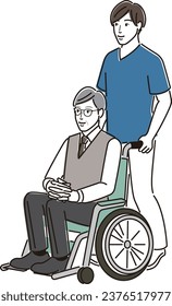 An old man sitting in a wheelchair and a caregiver