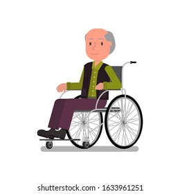 An old man is sitting in a wheelchair. Vector illustration. Isolated on a white background.