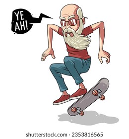 Old man skater rides a skateboard. Stylish illustration for printing on t-shirts or other clothes
