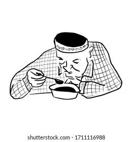 an old man in skullcap eating soup from bowl