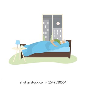 Old man sleep. Person rest in the bed on the pillow late at night. Peaceful dream and relax. Vector illustration in cartoon style