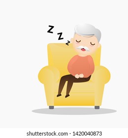 Old Man Sleeping In An Armchair. Cute Grandpa Sleeping On Sofa.vector, Illustration.