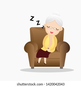 Old man sleeping in an armchair. Cute grandmother sleeping on sofa.vector, illustration.