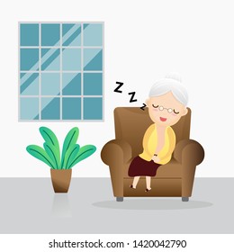 Old man sleeping in an armchair. Cute grandmother sleeping on sofa.vector, illustration.