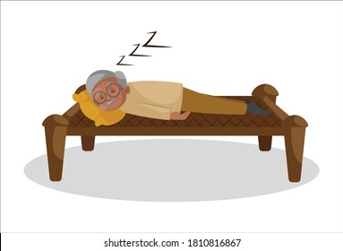 Old man is sleeping on a woven bed. Vector graphic illustration. Individually on white background.