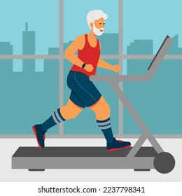 Old Man With Smartwatch On The Treadmill On The Gym Vector Illustration In Flat Style