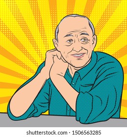 Old man smiling, good-humored, bright, happy.Pop art retro comic book cartoon drawing illustration kitsch vintage