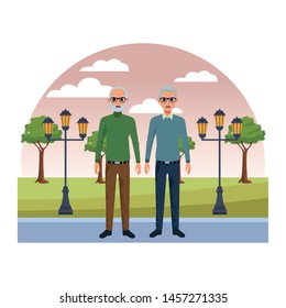 old man smiling and happy friends in city park with trees and streetlights scenery vector illustration graphic design