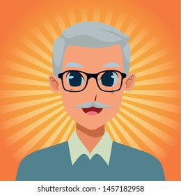 old man smiling and happy isolated on orange striped background ,vector illustration graphic design.