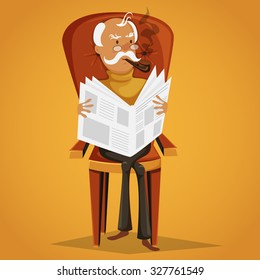 Old man smoking a pipe and reading a newspaper sitting on a armchair. Retro cartoon vector illustration