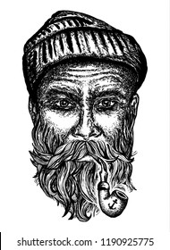 Old man smoking pipe t-shirt design print. Old sailor, captain portrait hand drawn art 