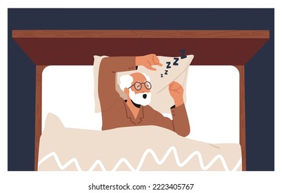 El anciano Snore Mentira en Mala Vista Superior. Personaje masculino de mayor edad: apnea del sueño y enfermedad respiratoria, el abuelo ruidoso en tiempo de duelo. Ilustración de vectores de personas de caricatura