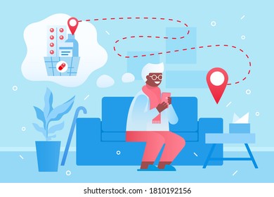 Old Man With Sore Throat Orders Medicine In Internet Drug Store. Grand Dad Plans To Online Buy Pills, Sitting On Sofa In His Home. Grandfather Learn To Use Internet By Smartphone. Blue Red Palette