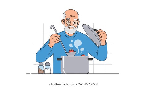 Old man with soup ladle in kitchen cooking food with cooking pot