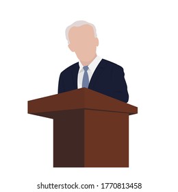 Old man speaks to people from tribune. Flat tribune Icon web. Business debates. Vector illustration