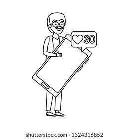 old man with speech bubble and smartphone