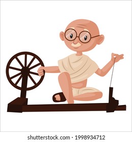 Old man is spinning the thread on spinning wheel. Vector graphic illustration. Individually on a white background.