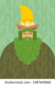 Old man Spirit of forest. Wood goblin with bird on his head. 