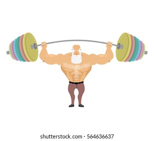 Old man Sports. Senior Man athlete and barbell. Strong grandfather fitness. Powerful greybeard with white beard
