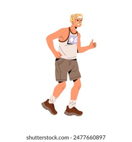 Old man in sportswear does cardio training. Happy aged jogger running with thumbs up gesture. Senior runner jogging in marathon. Active person does sports workout. Flat isolated vector illustration