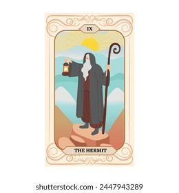 An old man with a staff and a lamp stands on a rock. Major Arcana tarot card design. Hand drawn cartoon. THE HERMIT.