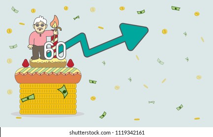old man Stand on 60th Birthday Cake with money so happily. Retirement money plan vector. Financial concept illustration.