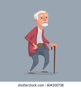 An old man is standing with a cane. Kind grandfather in the style of cartoons. Vector illustration for an article, print.