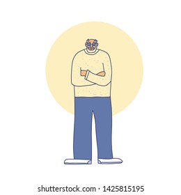 Old man standing full length. Retired persons crossing arms on chest isolated on white background. Vector character in doodle style.