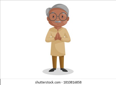 Old man is standing with greet. Vector graphic illustration. Individually on white background.