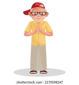 Old man is standing with greet. Vector graphic illustration. Individually on white background.