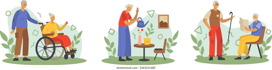 Old man standing near wife on wheelchair. Old woman watering flowers in pots. Seniors males spending time together, talking and reading newspaper. Flat vector illustration in cartoon style