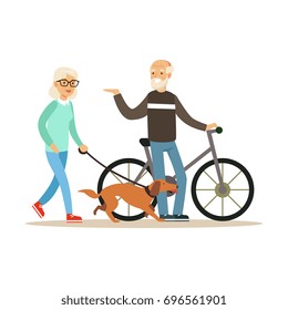 Old man standing next to a bike, senior woman walking with dog, healthy active lifestyle colorful characters vector Illustration