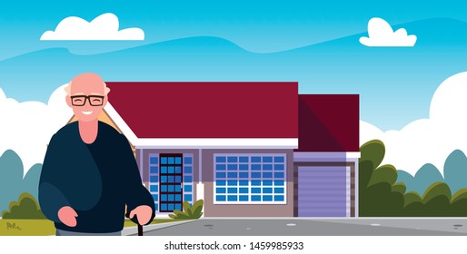 old man standing next house exterior