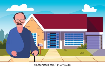old man standing next house exterior