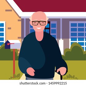 old man standing next to house exterior