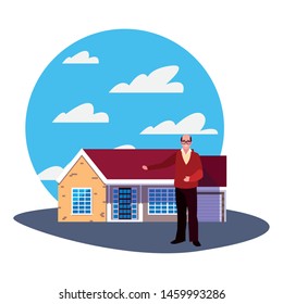old man standing next to house exterior