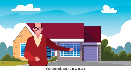 old man standing next house exterior