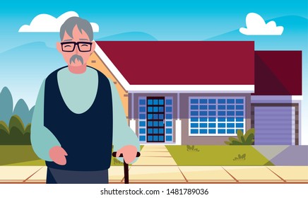 old man standing next house exterior