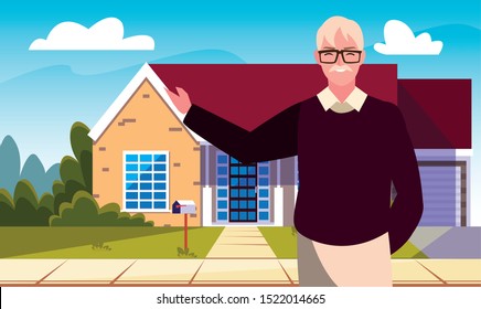 old man standing next house exterior vector illustration