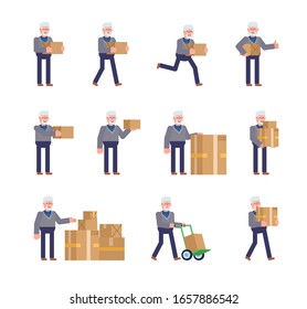 Old man standing with parcel box, running, walking, showing various gestures. Flat design vector illustration