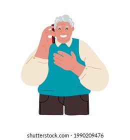 Old man standing and speaking on mobile phone.Eldery man using cellular.Happy old grandfather call with his smartphone on white background.Call your father.Vector flat illustration.