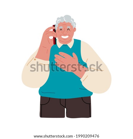Old man standing and speaking on mobile phone.Eldery man using cellular.Happy old grandfather call with his smartphone on white background.Call your father.Vector flat illustration.