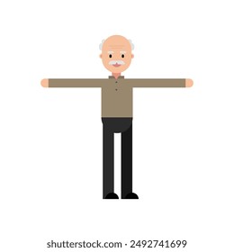 Old man standing and stretched out hands. Flat design, isolated on white background. Vector