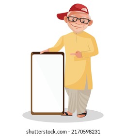Old man is standing with white board. Vector graphic illustration. Individually on white background.