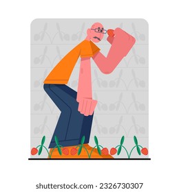 Old man stands in garden holding strawberry and looking at it. Growing berries concept. Seniors spending time outdoor. Happy old age. Flat vector illustration in cartoon style