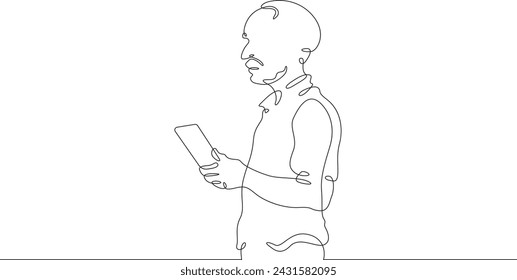 A old man stands with a phone in his hand. A old man is talking on a smartphone. One continuous line . Line art. Minimal single line.White background. One line drawing.