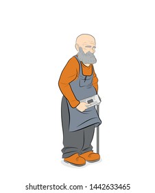 an old man stands with a wand. holds a newspaper in his hand. Vector illustration EPS 10